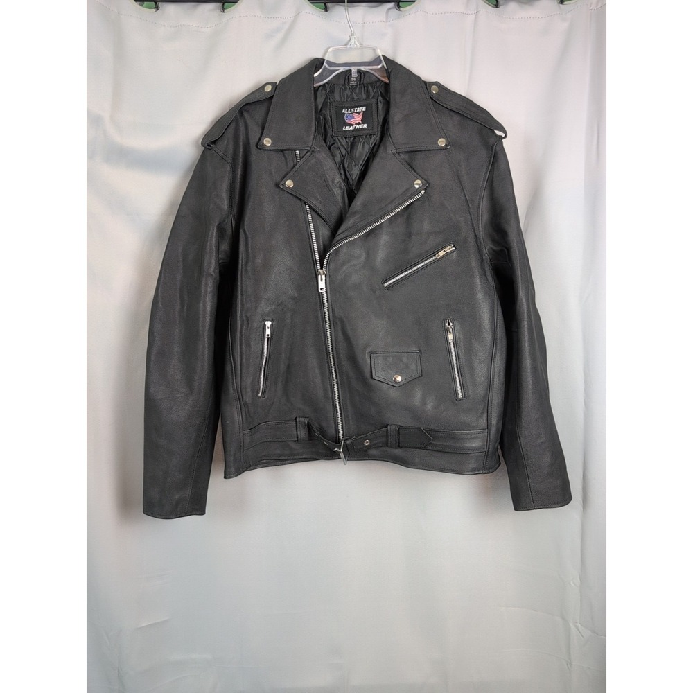 ALL State Leather Biker Jacket Size 56 New W/O Tag Black/Silver